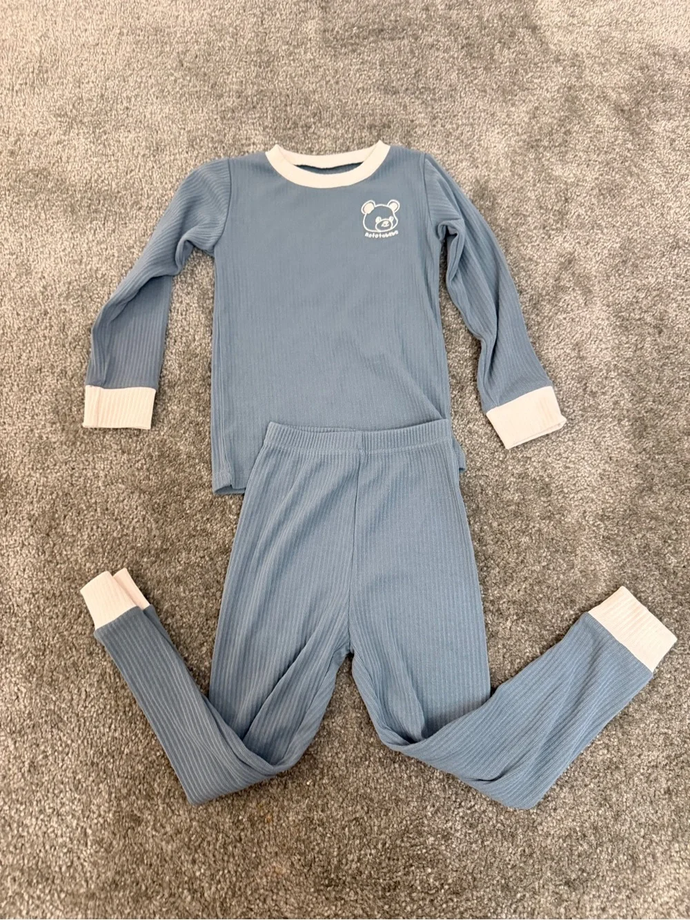 Kids Blue Ribbed Pajama Set with Contrast Cuffs